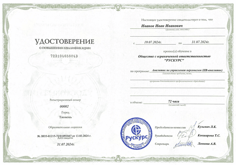 Удостоверение повышения квалификации Аналитик по управлению персоналом (HR-аналитик)