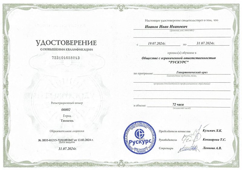 Удостоверение повышения квалификации Гипертонический криз