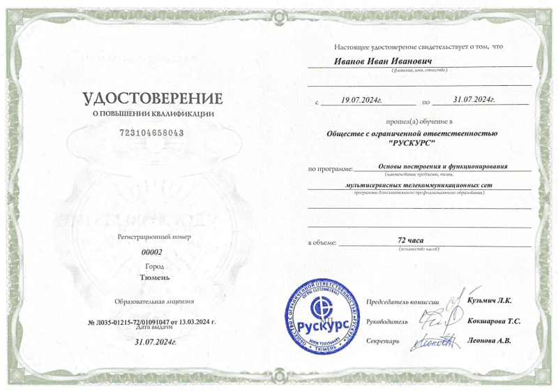 Удостоверение повышения квалификации Основы построения и функционирования мультисервисных телекоммуникационных сет