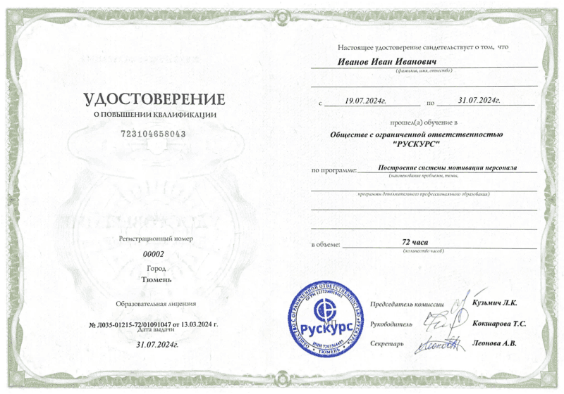 Удостоверение повышения квалификации Построение системы мотивации персонала