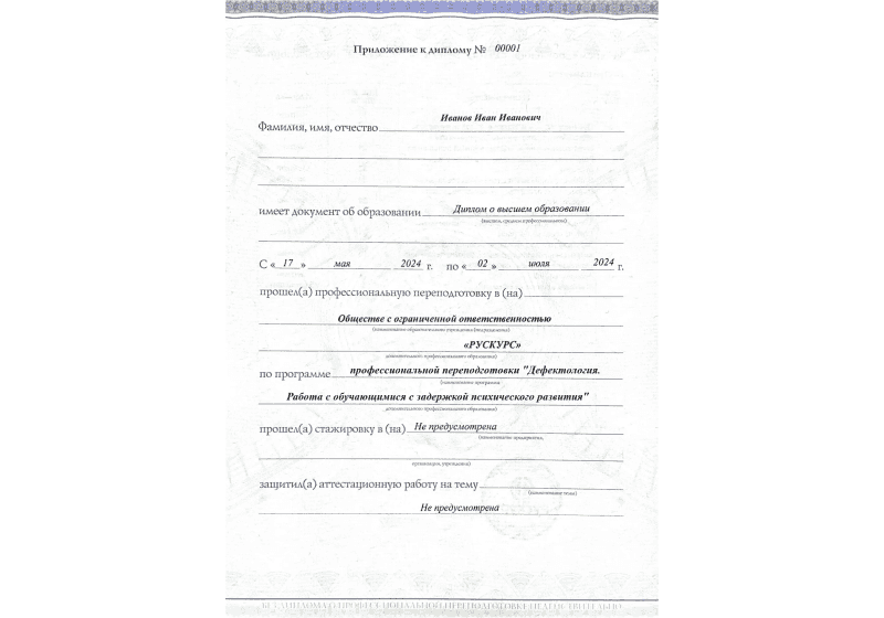 Диплом профессиональной переподготовки Дефектология. Работа с обучающимися с задержкой психического развития 3