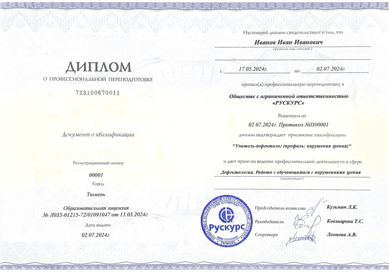 Диплом профессиональной переподготовки Дефектология. Работа с обучающимися с нарушениями зрения
