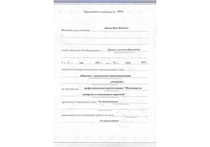 Диплом профессиональной переподготовки Инспектор по контролю за исполнением поручений 3