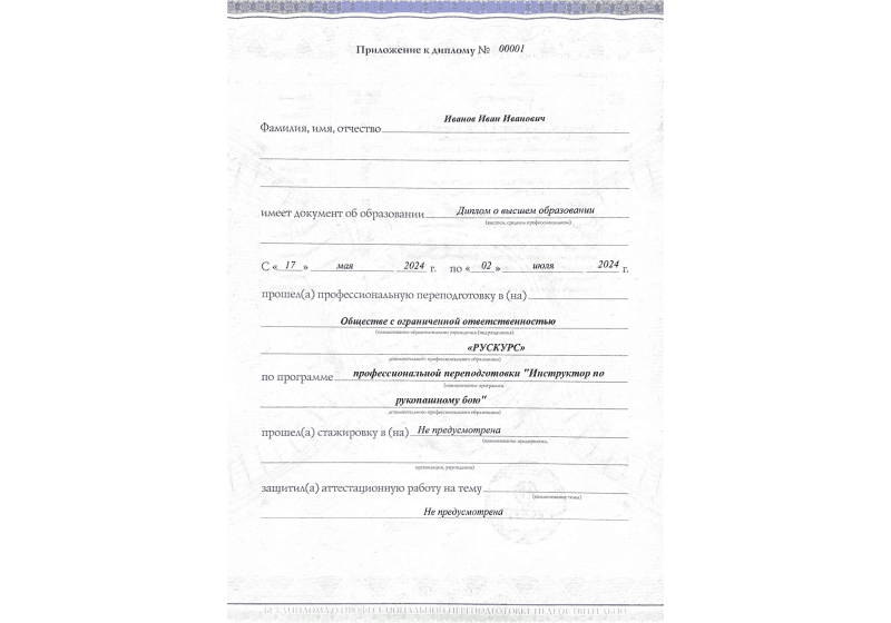 Диплом профессиональной переподготовки Инструктор по рукопашному бою 3