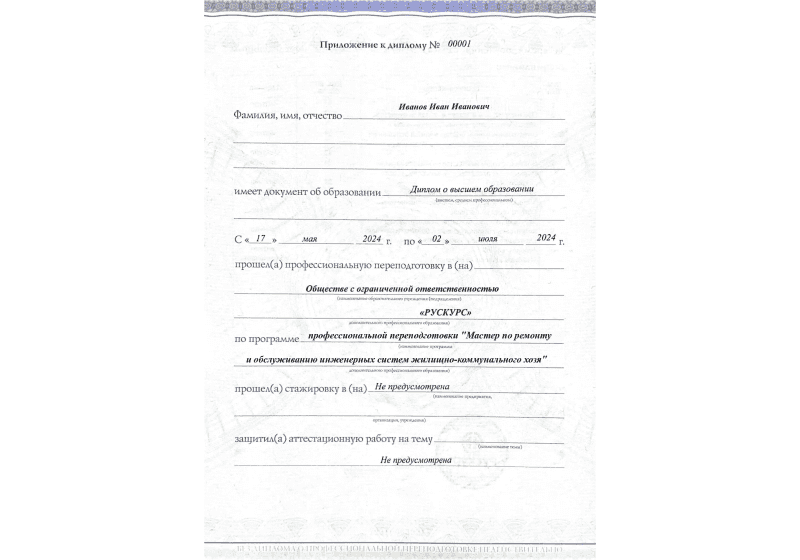 Диплом профессиональной переподготовки Мастер по ремонту и обслуживанию инженерных систем жилищно-коммунального хозя 3