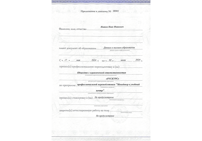 Диплом профессиональной переподготовки Менеджер в учебный центр 3