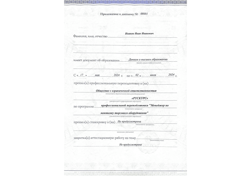 Диплом профессиональной переподготовки Менеджер по монтажу торгового оборудования 3