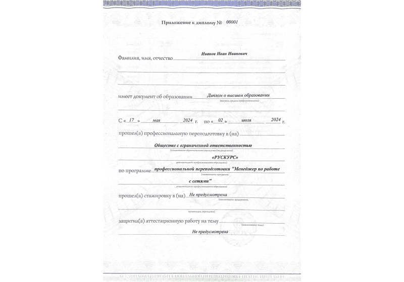 Диплом профессиональной переподготовки Менеджер по работе с сетями 3