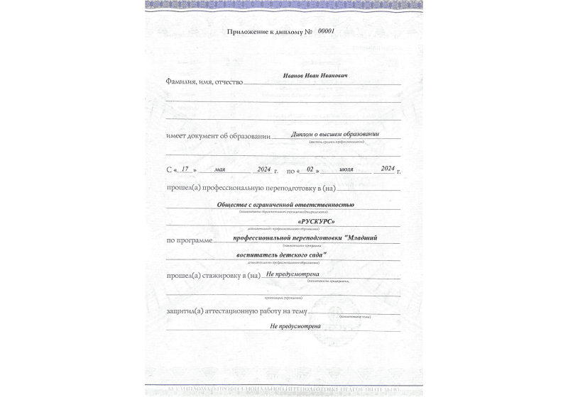 Диплом профессиональной переподготовки Младший воспитатель детского сада 3