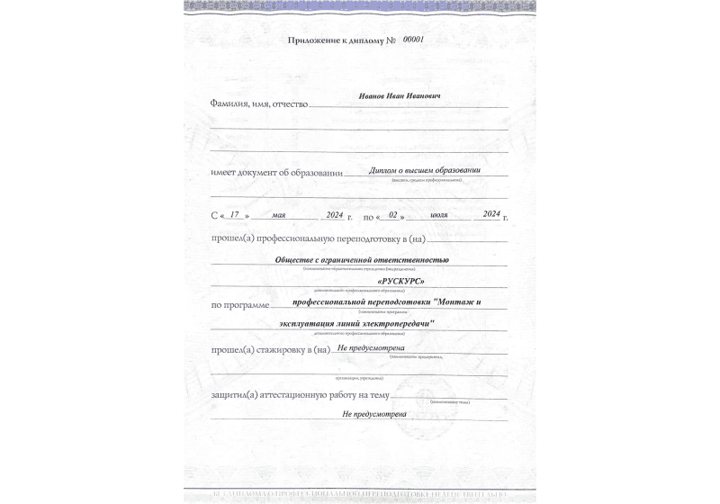 Диплом профессиональной переподготовки Монтаж и эксплуатация линий электропередачи 3