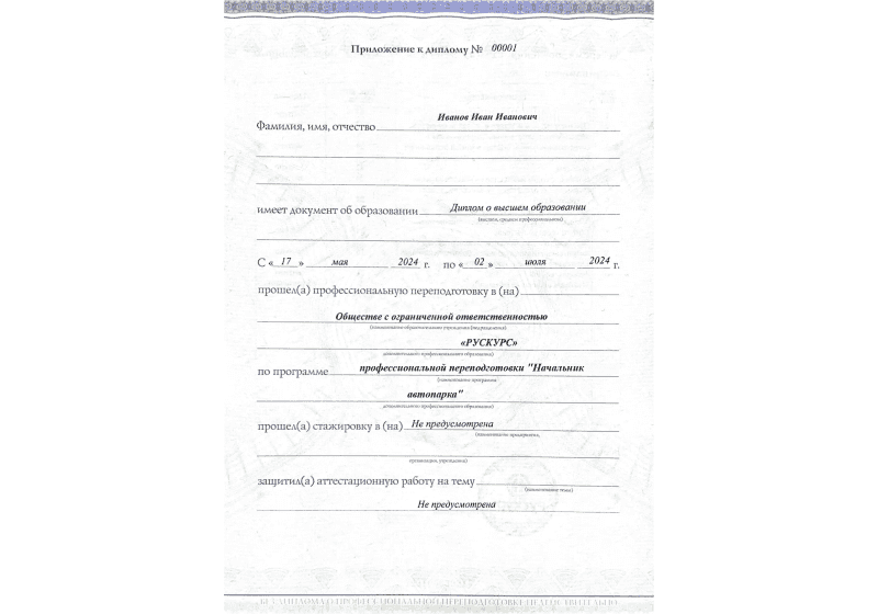 Диплом профессиональной переподготовки Начальник автопарка 3