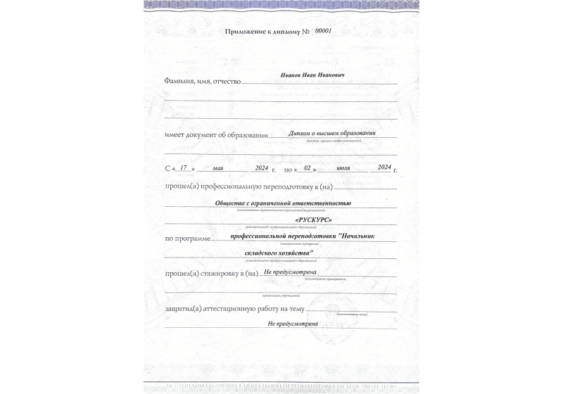 Диплом профессиональной переподготовки Начальник складского хозяйства 3