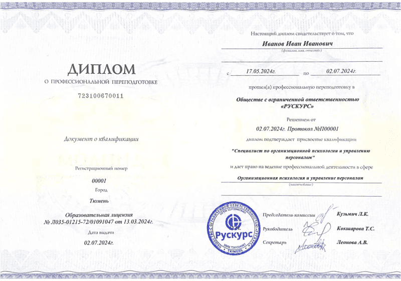 Диплом профессиональной переподготовки Организационная психология и управление персоналом