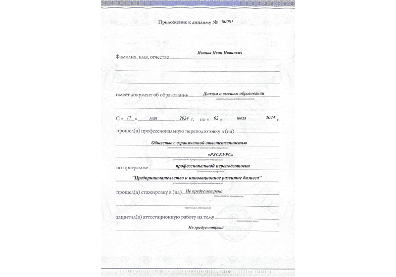 Диплом профессиональной переподготовки Предпринимательство и инновационное развитие бизнеса 3
