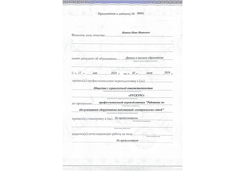 Диплом профессиональной переподготовки Работник по обслуживанию оборудования подстанций электрических сетей 3