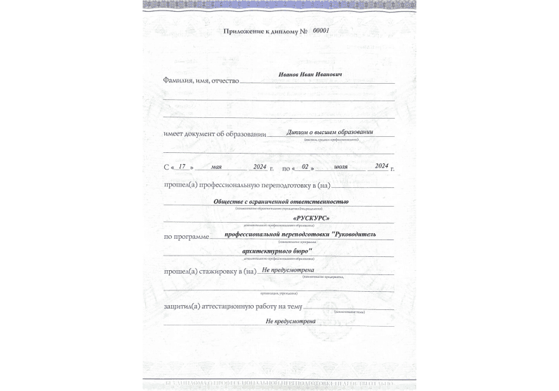 Диплом профессиональной переподготовки Руководитель архитектурного бюро 3