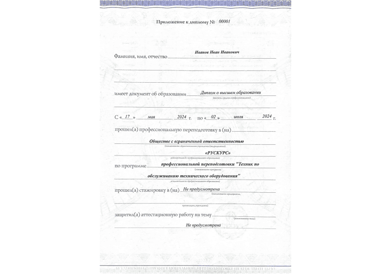 Диплом профессиональной переподготовки Техник по обслуживанию технического оборудования 3