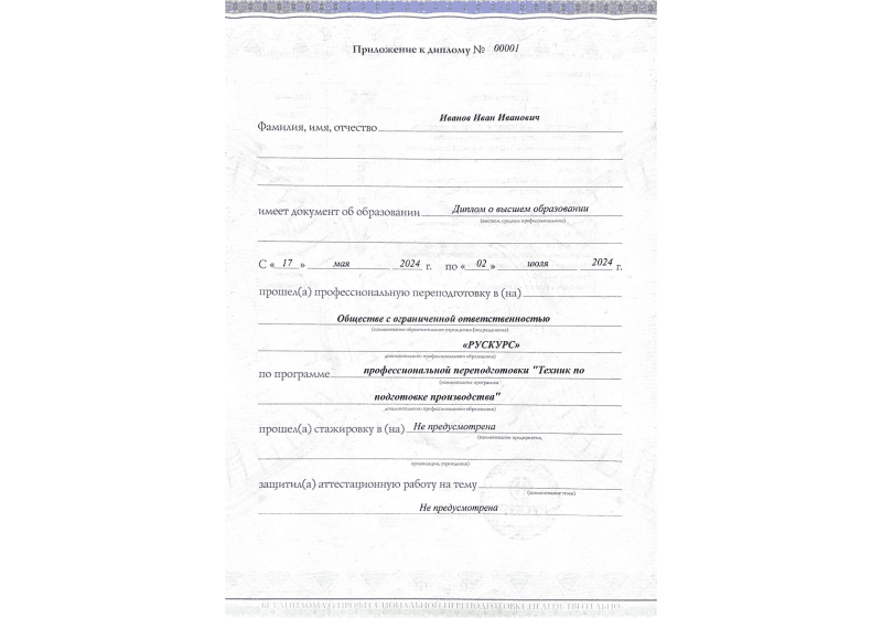 Диплом профессиональной переподготовки Техник по подготовке производства 3