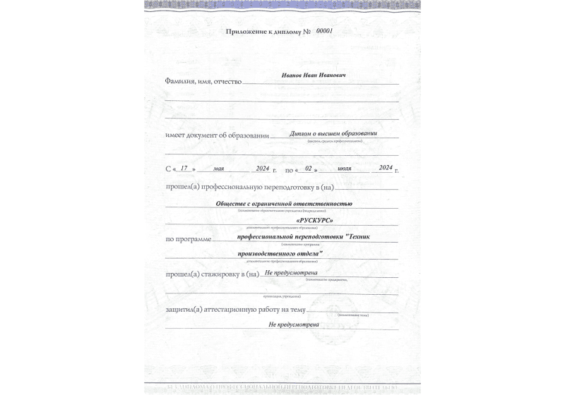 Диплом профессиональной переподготовки Техник производственного отдела 3