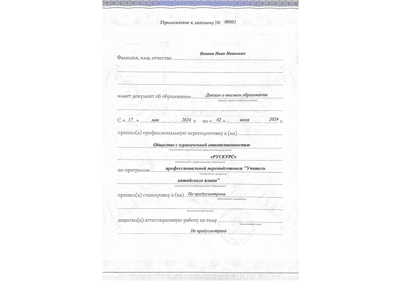 Диплом профессиональной переподготовки Учитель китайского языка 3