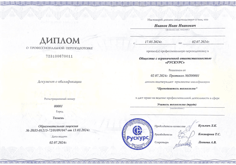 Диплом профессиональной переподготовки Учитель технологии (труда)