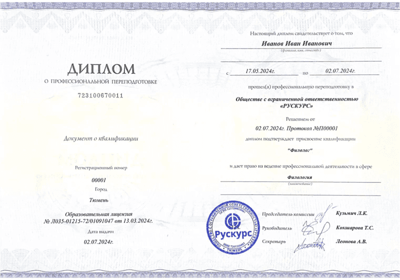 Диплом профессиональной переподготовки Филология