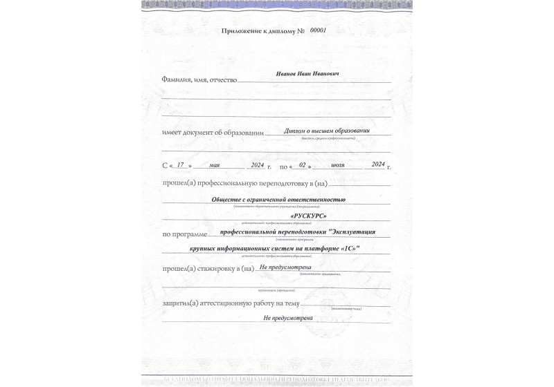 Диплом профессиональной переподготовки Эксплуатация крупных информационных систем на платформе «1С» 3