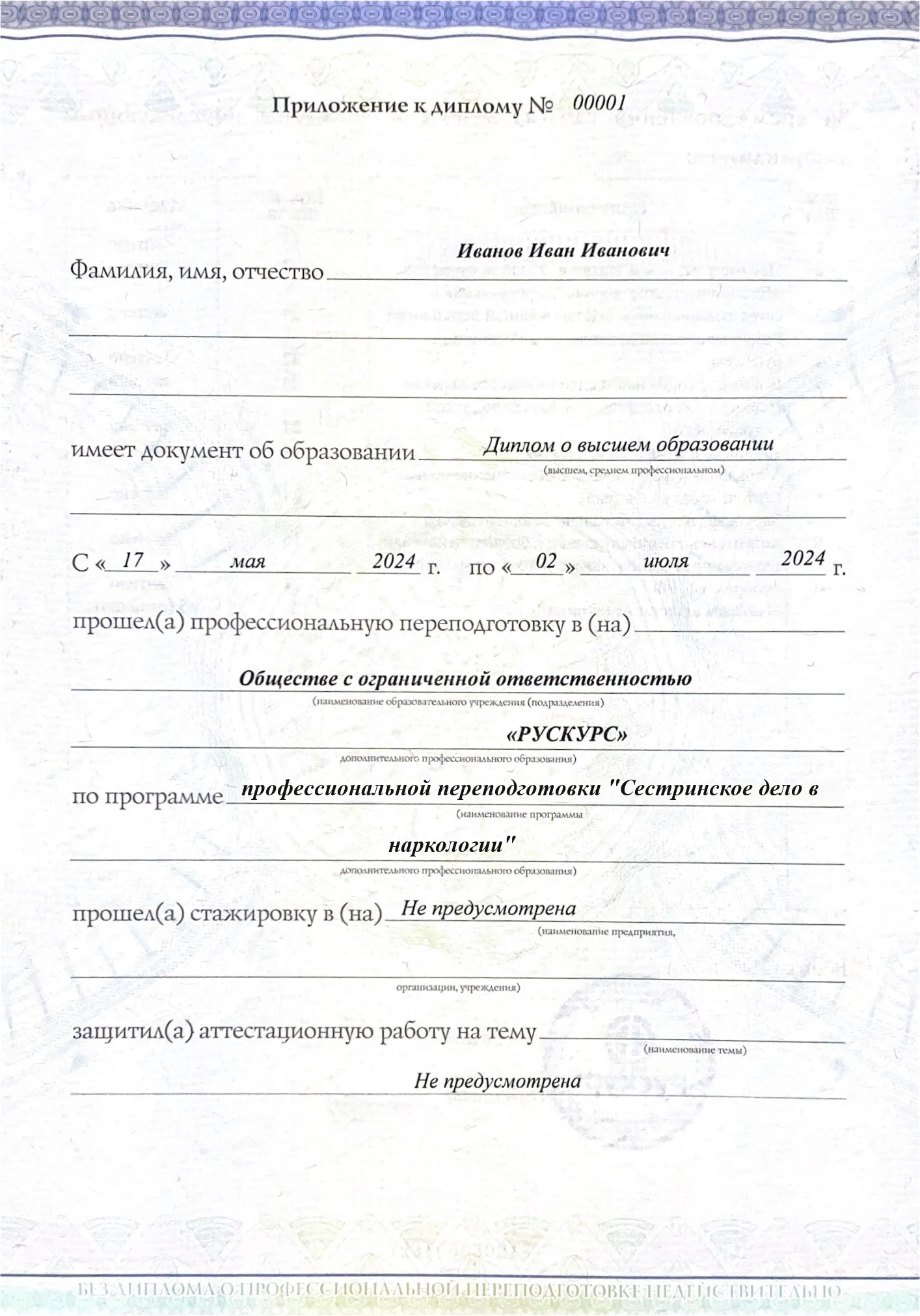 Диплом профессиональной переподготовки Сестринское дело в наркологии 3
